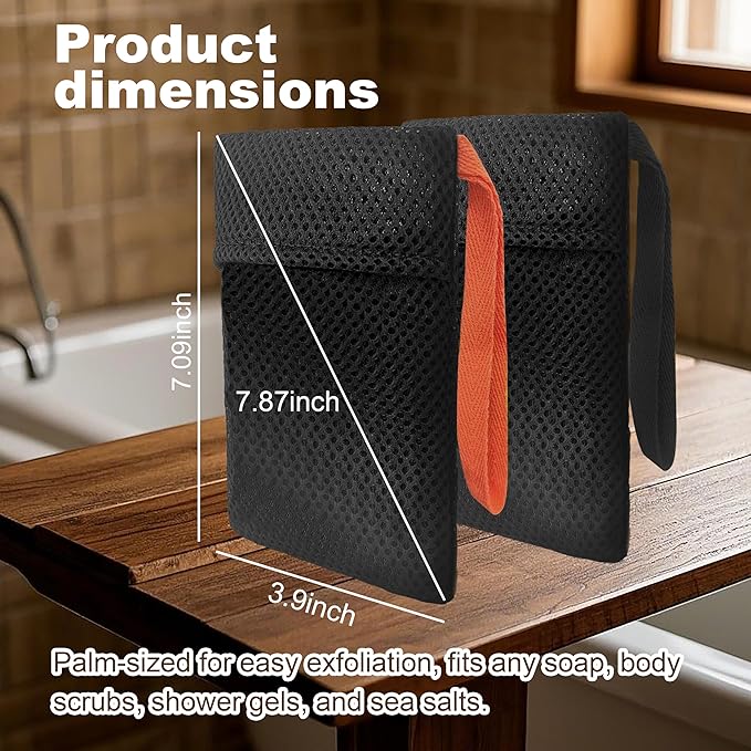 2 Pack Soap Bag Gentle Exfoliating,Bar Soap Pouch Saver Pocket,Body Scrubber Shower Bath Sponge Loofah (Black)