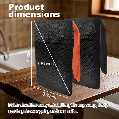 2 Pack Soap Bag Gentle Exfoliating,Bar Soap Pouch Saver Pocket,Body Scrubber Shower Bath Sponge Loofah (Black)