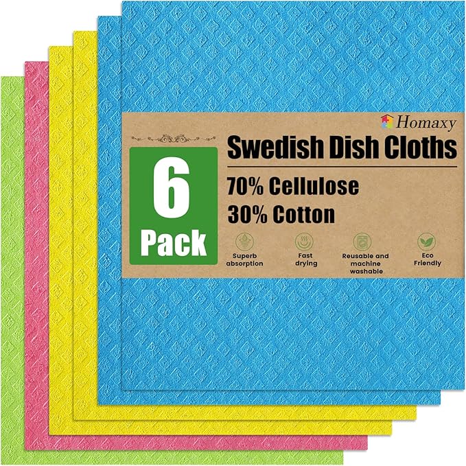 Homaxy Swedish Dishcloths for Kitchen, 6 Pack Reusable and Washable Cellulose Sponge Cloths Dish Towels, Absorbent and No Odor Paper Towels for Dishes ＆ Counters, Assorted