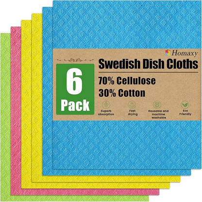 Homaxy Swedish Dishcloths for Kitchen, 6 Pack Reusable and Washable Cellulose Sponge Cloths Dish Towels, Absorbent and No Odor Paper Towels for Dishes ＆ Counters, Assorted