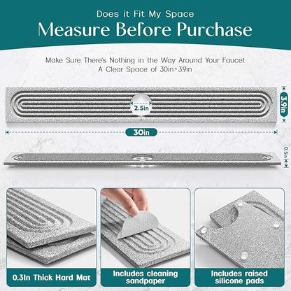 Stone Faucet Mat for Kitchen Sink, Diatomite Stone Drying Mat for Kitchen Counter, 2026 Upgraded Dishwasher-Safe & Ultra Absorbent, Chemical-Free Stone Dish Mat for Bottles Utensils (30" x 3.9")