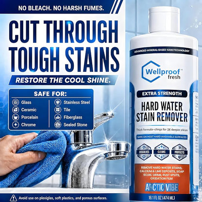 Wellproof Hard Water Stain & Scum Scale Remover – 3X Nanotech Deep Cleaner, No Bleach, No Acid | Limescale, Soap Scum, Calcium & Rust Cleaner for Showers, Glass, Toilets, Tubs, Sinks, Cooktops & More