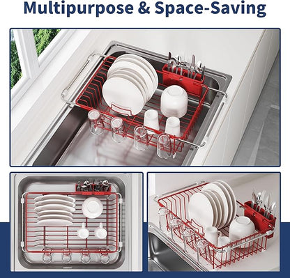 JASIWAY Red in Sink Dish Drying Rack, Expandable Stainless Steel Small Dish Rack Over Kitchen Sink, Plate Drainer Strainer with Utensil Holder & Cup Holders, Counter Space Saving Wire Dryer Rack