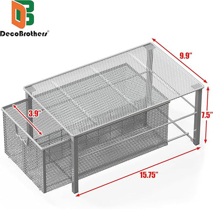 Deco Brothers Stackable Pull Out Cabinet Sliding Basket with Dividers, Large, Silver