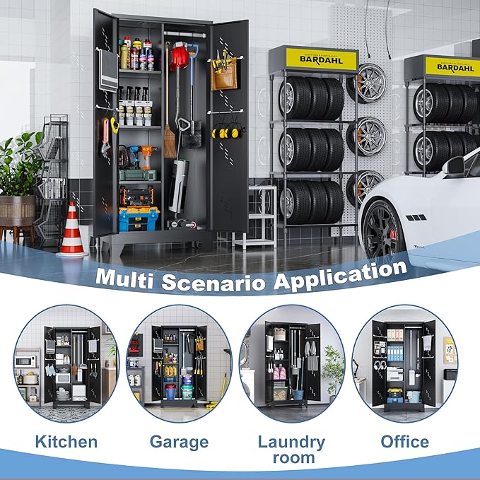 VASAAOSD Metal Garage Storage Cabinet with Locking Doors, 71" Tall Broom Closet Storage Cabinet, Heavy Duty Garage Organization Cabinets, Steel Cabinet with Hanging Rod, Assembly Required