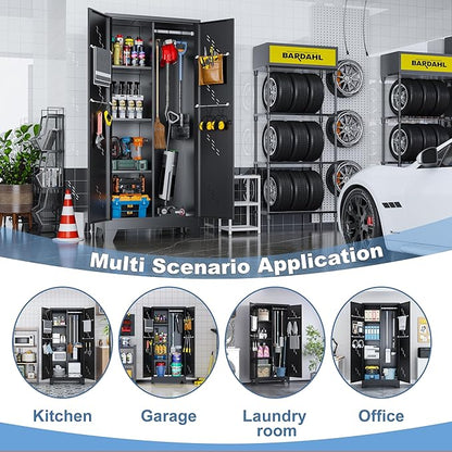 VASAAOSD Metal Garage Storage Cabinet with Locking Doors, 71" Tall Broom Closet Storage Cabinet, Heavy Duty Garage Organization Cabinets, Steel Cabinet with Hanging Rod, Assembly Required