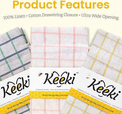 Keeki Bag - The Original Beeswax Lined Bread Bag for Homemade & Sourdough | Reusable Linen Bread Storage | Beeswax Wrap Alternative | Plastic-Free Storage w/Wide Drawstring Closure (Yellow)