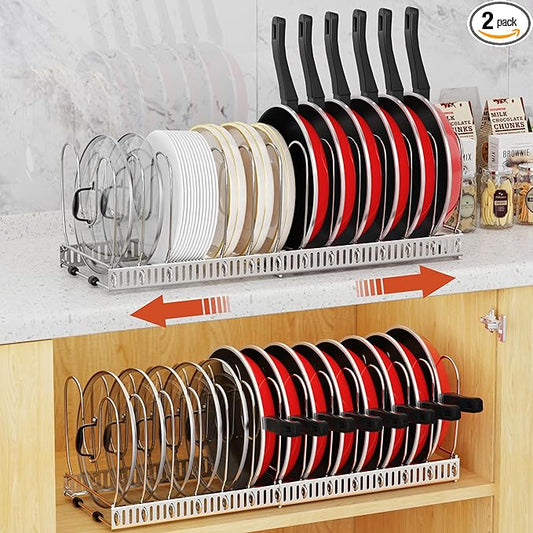 Housolution 2 Pack Pot and Pan Organizer, 12"-23" Expandable Pot Lid Organizer with 14 Adjustable Dividers, Pan Lid Holder Storage Rack for Cabinet, Silver