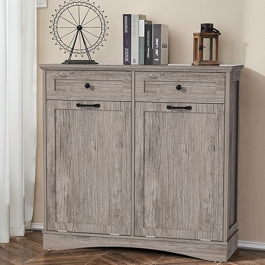 AHB Double Tilt Out Trash Can Cabinet Freestanding Kitchen Trash Can, 2x13 Gallons Hidden Garbage Recycling Cabinet with Hideaway Drawers Pet Proof Trash Can Holder for Kitchen, Grey