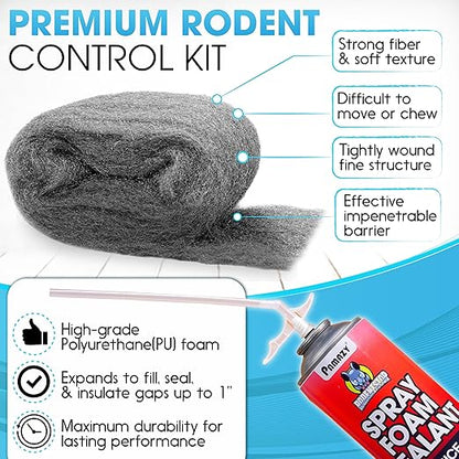 [Upgraded] Rodent Barrier Kit, 2Pcs Steel Wool Included 2Pcs PU Spray Foam for Mice Control, 3.2"x7.5’ Rodent Control Fill Fabric, Gloves, Scissors, Gap Blocker in Hole Pipeline Vent in House, Garage
