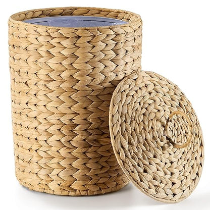 BLUEWEST 3 Gallons Wicker Bathroom Trash Can with Lid, Handwoven Rattan Wastebasket with Removable Plastic Inner Bin, Decorative Waste Basket for Bedroom, Office, or Kitchen