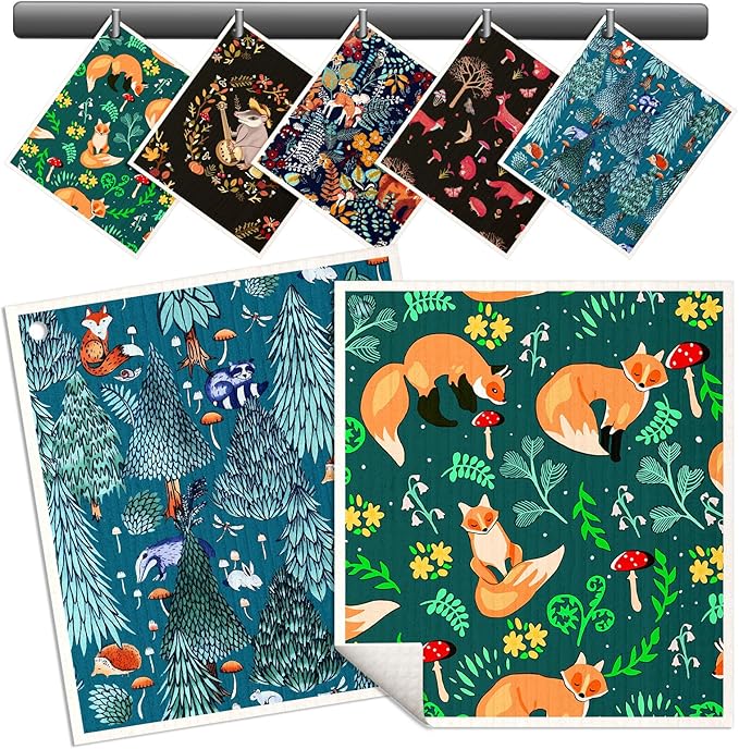Miss Adola Swedish Dishcloths for Kitchen - 5 Pack Reusable Dish Cloths for Washing Dishes Absorbent Cute Funny Kitchen Towels Cleaning Sponge, Animal Forest