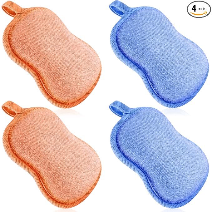 Tatuo 4 Pieces Baby Bath Sponge Cotton Baby Sponge Toddler Soft and Absorbent Loofah for Kids Babies Men Women(Orange,Blue)