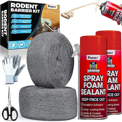 [Upgraded] Rodent Barrier Kit, 2Pcs Steel Wool Included 2Pcs PU Spray Foam for Mice Control, 3.2"x7.5’ Rodent Control Fill Fabric, Gloves, Scissors, Gap Blocker in Hole Pipeline Vent in House, Garage