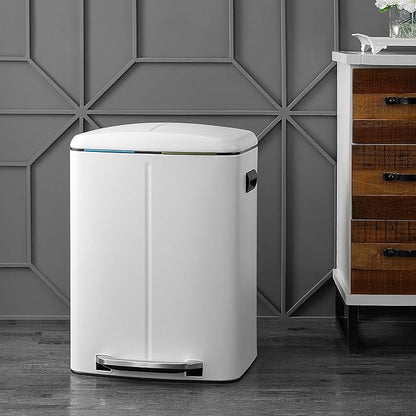 happimess HPM1005C Marco Rectangular 10.6-Gallon Double Bucket Trash Can with Soft-Close Lid, White, Fingerprint Resistant, Modern, Minimalistic for Home, Kitchen, Office, Bedroom, Bathroom