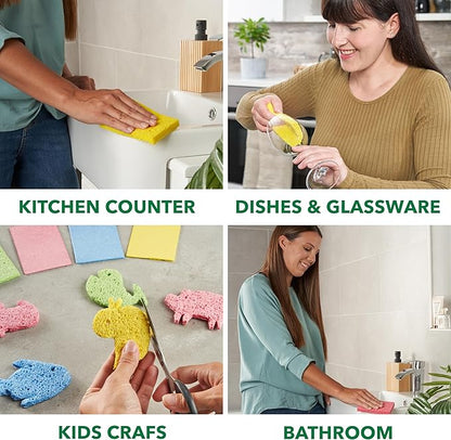 Compressed Non-Scratch Kitchen Sponges - Highly Absorbent for Dishes, Countertop, Sink, Car - Biodegradable, Quick Drying Cellulose Sponges - Assorted Colors (Pack of 36)