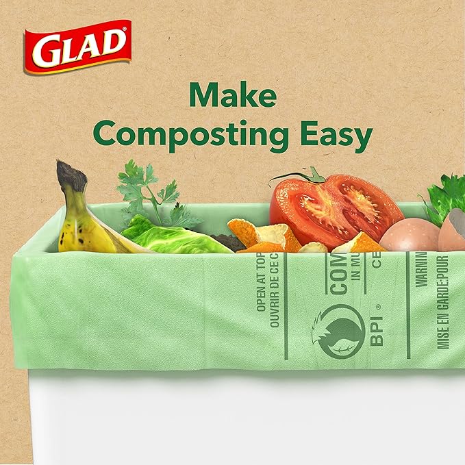 Glad Kitchen Compost Bags, 100% Compostable Bag, 2.6 Gallon, Unscented - 22 Count (Pack of 2)