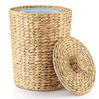 Tidita 4 Gallons Wicker Waste Basket - Water Hyacinth Bathroom Garbage Can with a Lid - Bathroom Trash Can Boho Style - Wicker Trash Can with Lid for Household, Kitchen - Removable Liner, Iron Frame