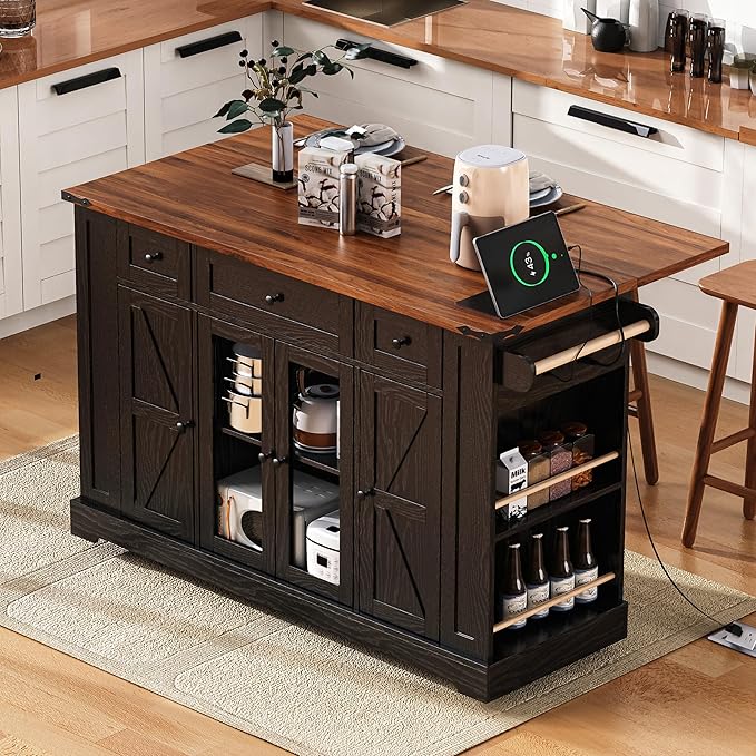 53" Farmhouse Kitchen Island with 2 Tempered Glass Cabinet Doors, Power Outlet, Rolling Kitchen Cart on Wheels with Drop Leaf, 5 Open Side Racks, 3 Drawers, for Kitchen, Black