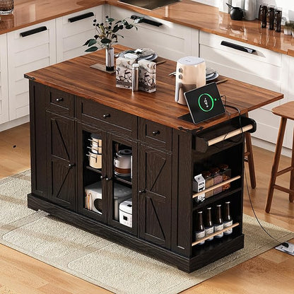 53" Farmhouse Kitchen Island with 2 Tempered Glass Cabinet Doors, Power Outlet, Rolling Kitchen Cart on Wheels with Drop Leaf, 5 Open Side Racks, 3 Drawers, for Kitchen, Black