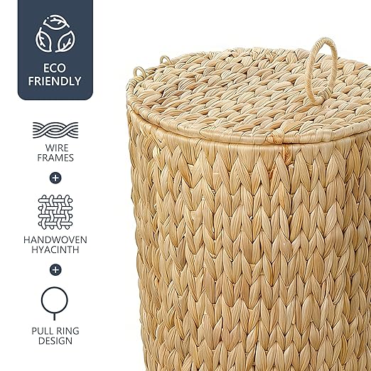 Coeusy 4 Gallon Wicker Trash Can with Lid, Small Bathroom Trash Can, Water Hyacinth Woven Waste Basket, Rattan Boho Decorative Garbage Can with Removable Liner for Bedroom, Home Office (Round,Natural)
