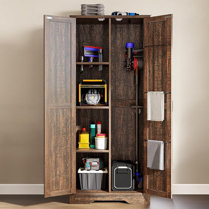 DWVO Wooden Storage Cabinet, Vacuum Cleaner Cabinet Storage Compatible with Dyson Models, Utility Cabinet Stand for Brooms and Mops, Cleaning Tool Cabinet with Doors for Garage