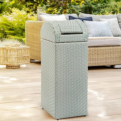 happimess HPM1201C Darla 14.27-Gallon All-Weather Wicker/Metal Swing Top Hideaway Outdoor Trash Can, Mint Blue/White, Classic, Coastal, Casual Wastebin for Backyard, Patio, Porch, Kitchen