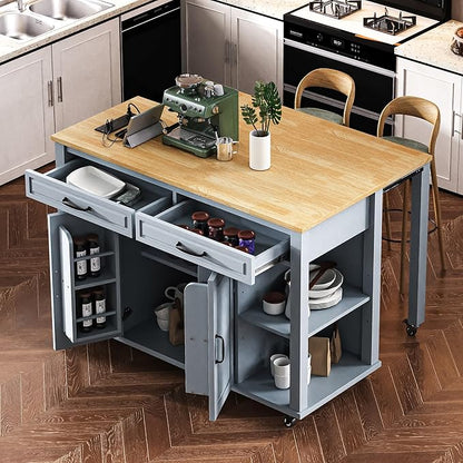 47" Kitchen Island with Extendable Dining Table, Movable Farmhouse Kitchen Islands with Storage Rack, Power Outlet, Island Table on Wheels with 2 Storage Drawers & 2 Cabinets, Grey Blue
