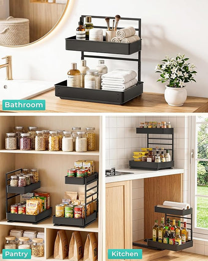 EVERIE Metal Pull Out Slide Shelf Organizer for Under Sink Organization in Kitchen, Bathroom, Counter, Cabinets, Minimum Available Space 13" Wide x 16.5" Deep (Black, 1 Set)