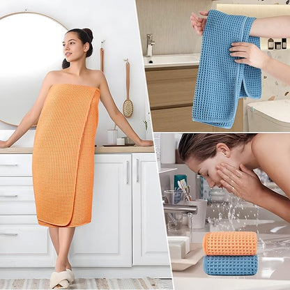 POLYTE 430 GSM Microfiber Quick Dry Lint Free Oversize Bath Towel Set, 6 Piece (Waffle Weave)