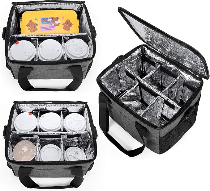 Trunab Reusable 6 Cups Drink Carrier for Delivery Insulated Drink Caddy with Handle and Shoulder Strap, Adjustable Dividers, Beverages Carrier Tote Bag, for Daily Life Takeout, Outdoors, Travel