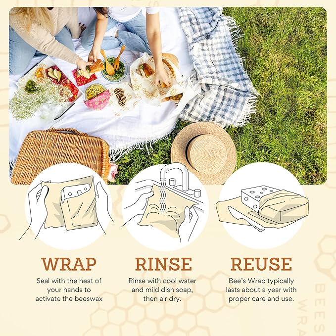 Bee's Wrap Vegan Beeswax Wraps for Food - 3 Pack of Medium Beeswax Wraps - Plastic Free Made in USA Reusable Natural Food Wrap - Meadow Magic Print