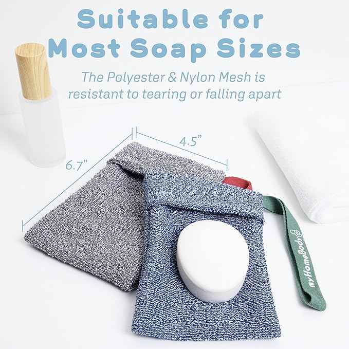 myHomeBody Soap Pocket for Strong Exfoliating, Lather Mesh Bag, Body Scrubber Exfoliator, Pouch for Shower, Leftover Bits Saver, Dark Blue, Gray - 2 Pack