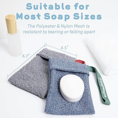 myHomeBody Soap Pocket for Strong Exfoliating, Lather Mesh Bag, Body Scrubber Exfoliator, Pouch for Shower, Leftover Bits Saver, Dark Blue, Gray - 2 Pack