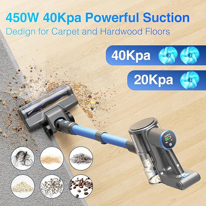 Zefiro Cordless Vacuum Cleaner for Home, 500W/45Kpa 50Mins Stick Vacuum, Anti-Tangle 1.5L Dust Cup, Rechargeable Wireless Handheld Vacuum for Pet Hairs/Carpets/Floors