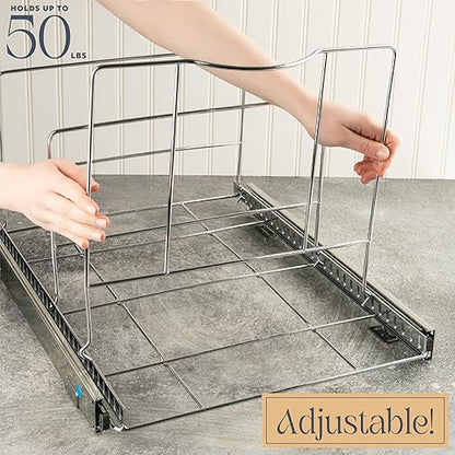HOLDN’ STORAGE Pull Out Double Trash Can Under Cabinet - Two 7 Gallon Trash Can Included, Adjustable, Heavy Duty with Lifetime Limited Warranty 17¾” Wide Cabinet Opening - Anti Rust Chrome Finish