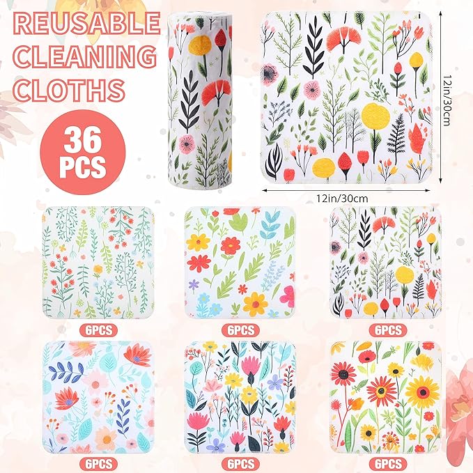 Tegeme 36pcs Floral Reusable Paper Towels Roll 11.81 x 11.81 Inches Washable Paperless Cotton Kitchen Towels Bulk for Kitchen Bathroom