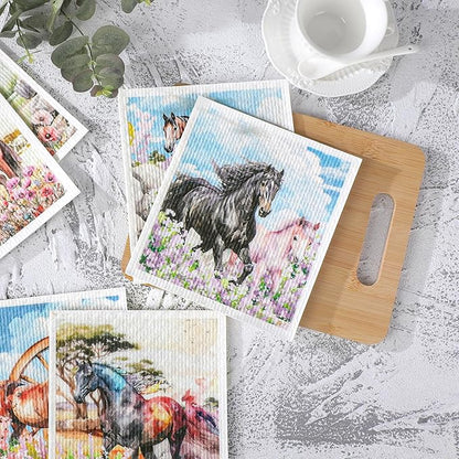 Horses Swedish Dishcloths for Kitchen, 6 Pack Farmhouse Absorbent Dish Cloths for Washing Dishes, Reusable Washable Paper Towels Cloth for Kitchen Countertop Sink Fast Drying Sponge Cloths