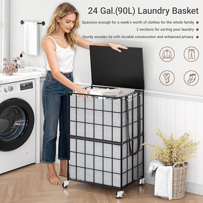 90L Laundry Basket with Wheels, Large Capacity Laundry Hamper with Removable Liner Bags, Heavy Duty Laundry Sorter with Solid Wood Lid & Leather Handles, Grey