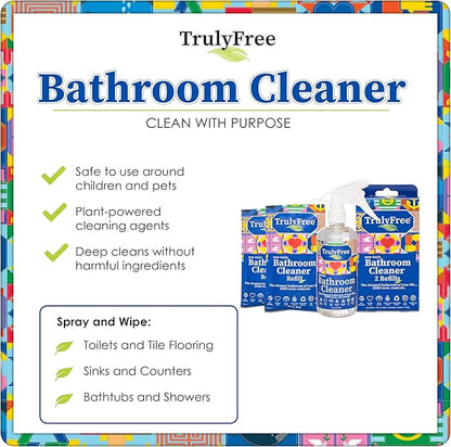 Truly Free All Natural Non-Toxic Bathroom Cleaner Spray Kit, Organic Bath & Tile Cleaning Solution for Toilet, Sink, Tub & Shower, 16 oz Reusable Empty Bottle + Two Fills, 3 oz ea.