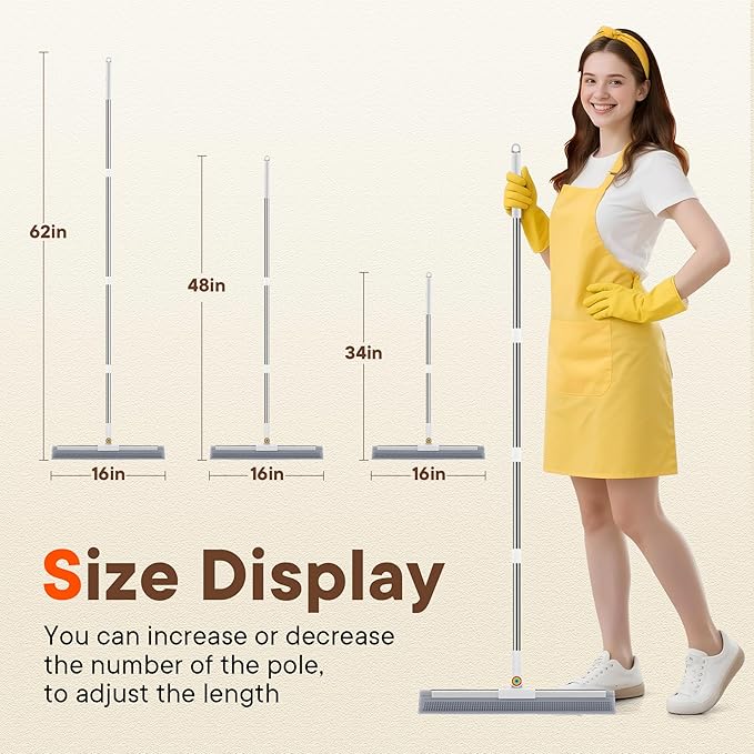 Floor Squeegee Broom, 2 in 1 Magic Broom with Rubber Scrubbing Teeth and Long Handle, Shower Floor Squeegee for Bathroom, Kitchen, Tile, Concrete, Garage, Pet Hair and Water