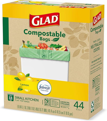 Glad Trash Bags, Kitchen Compost Bags 2.6 Gallon Garbage Bags, 100% Compostable Bag, Febreze Lemon, 44 Count (Package May Vary), Light Yellow