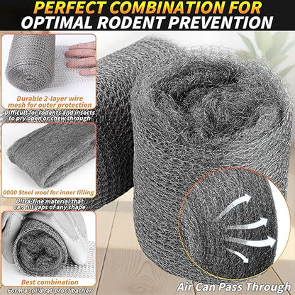Steel Wool Mice Control, 6 Pack 3.2" x60 FT #0000 Steel Wool Roll &1 Pack 5" x30 FT Wire Mesh, Mouse Hole Filler for House Garage Garden, Extra Fine Stainless Steel Wool for Polishing Chrome Glass