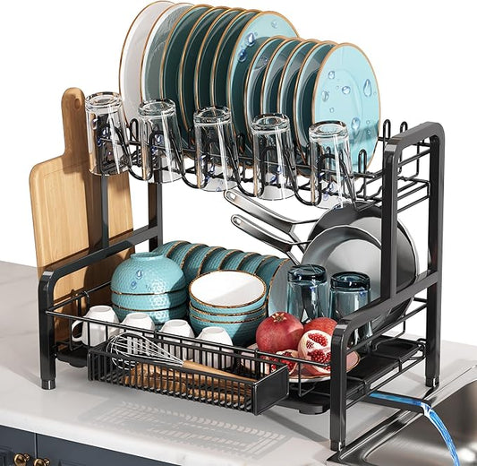 2 Tier Black Dish Drainer Drying Rack for Kitchen Counter, Large Stainless Steel Dishes Dryer with Drainboard, Space Saving, Big Rustproof Metal Modern Countertop Plates Strainer with Utensil Holder