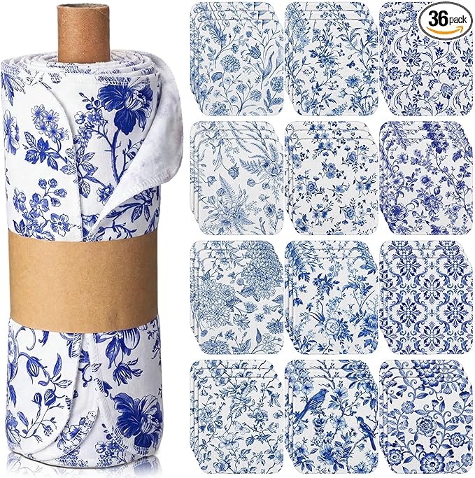 Tinlade 36 Pack Reusable Cleaning Cloths Washable Cotton Kitchen Towels Bulk 11.81 x 9.84 Inches Absorbent Dish Towels Roll for Home Kitchen Cleaning Supplies 12 Styles (Swedish Blue Floral)
