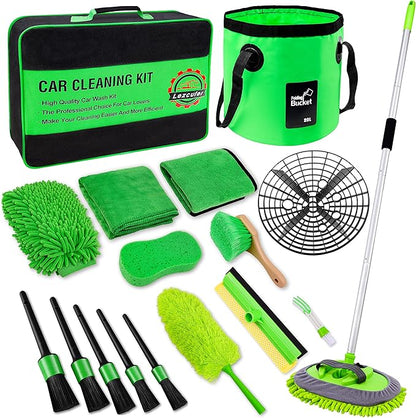 Lezcufer 17Pcs Car Wash Kit,62" Car Wash Brush Mop with Long Handle,Car Cleaning Kit,Car Detailing Brush Set,Car Wash Bucket,Car Wheel Brush,Complete Interior Car Cleaning Supplies
