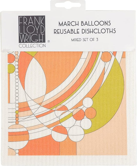 KAF Home Frank Lloyd Wright Swedish Dish Cloths (6.7 x 7.5-inch) - Set of 3 Reusable, Absorbent Cellulose Sponge Towels for Kitchen, Cleaning Counters, and Washing Dishes (March Balloons)