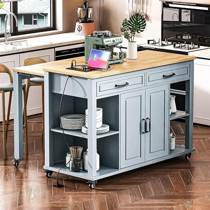 47" Kitchen Island with Extendable Dining Table, Movable Farmhouse Kitchen Islands with Storage Rack, Power Outlet, Island Table on Wheels with 2 Storage Drawers & 2 Cabinets, Grey Blue