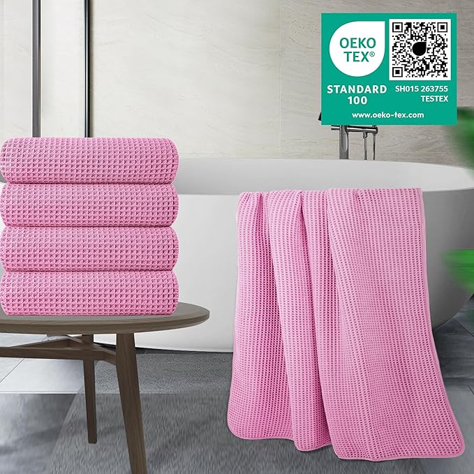 POLYTE 430 GSM Microfiber Oversize Quick Dry Lint Free Bath Towel, 60 x 30 in, 4 Pack (Waffle Weave)