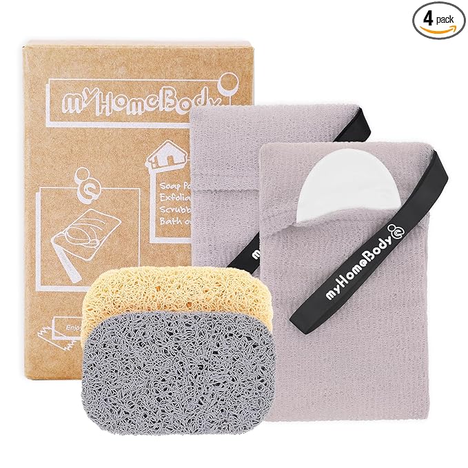 myHomeBody Soap Pocket Exfoliating Pouch, Body Scrubber Sponge, Exfoliator for Bath, Shower or Leftover Bits Saver, White Smoke, 2 Pack + 2 Lift Pads